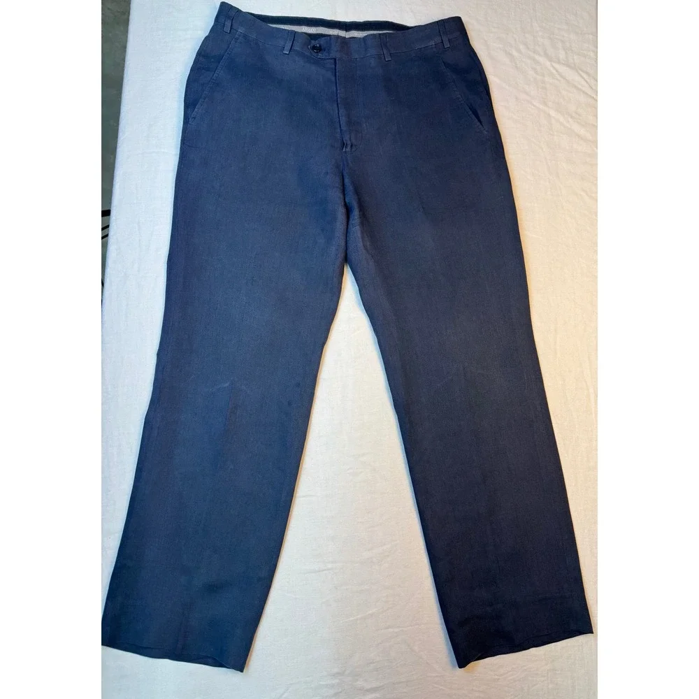 Armani Collezioni Mens Navy Blue Linen Blend Flat Front Straight Leg Pants 35x29